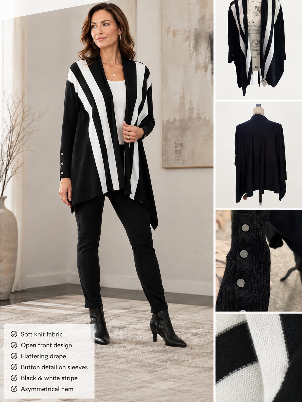 Alfani Black White Colorblock Longline Open Front Cardigan | Small Petite | NWT